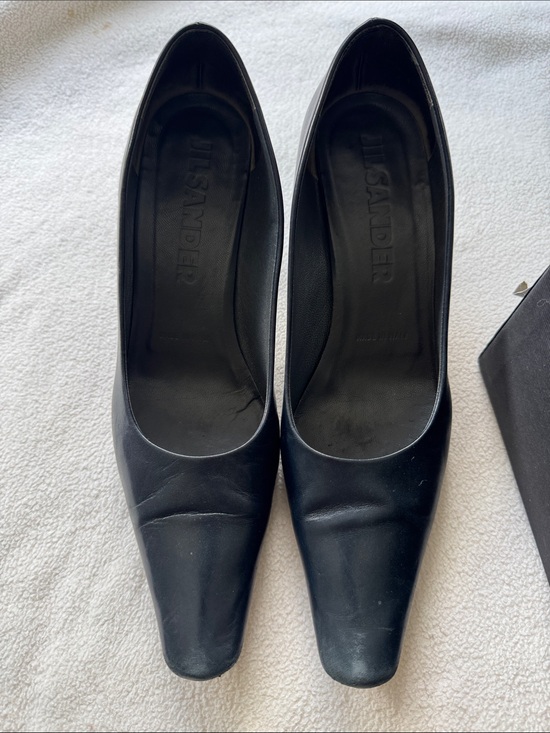 Jil Sander Shoes - Jil Sander Navy Blue Leather Square-Toe Mid Heel Pumps